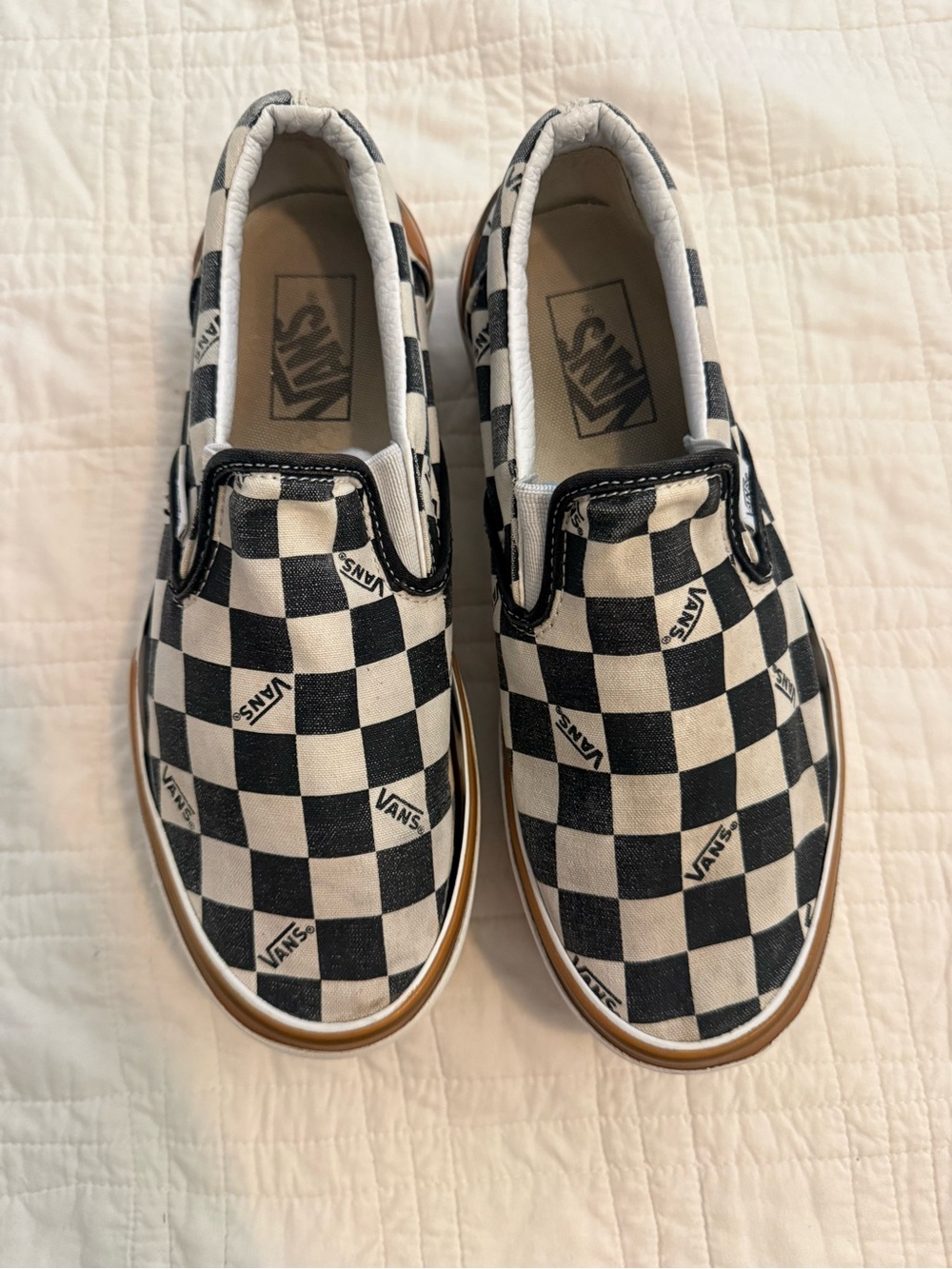 Vans Kids Checkerboard Slip-On Sneakers - Black & White with Gum Sole